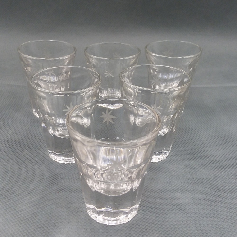 Set of 6 Atomic Starburst Etched‎ Clear Shot Glasses Liquor Barware MCM Vintage